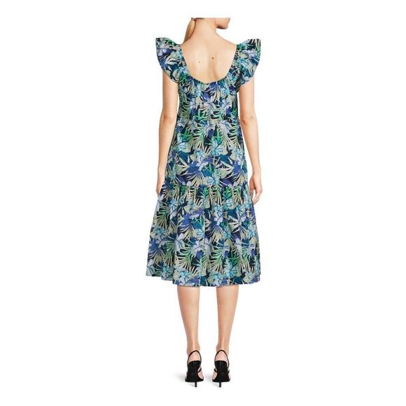NWT New TIME TRUE Tiered Square Neck Ruffle Sleeve Palm Floral Midi Sundress XS - Picture 2 of 5